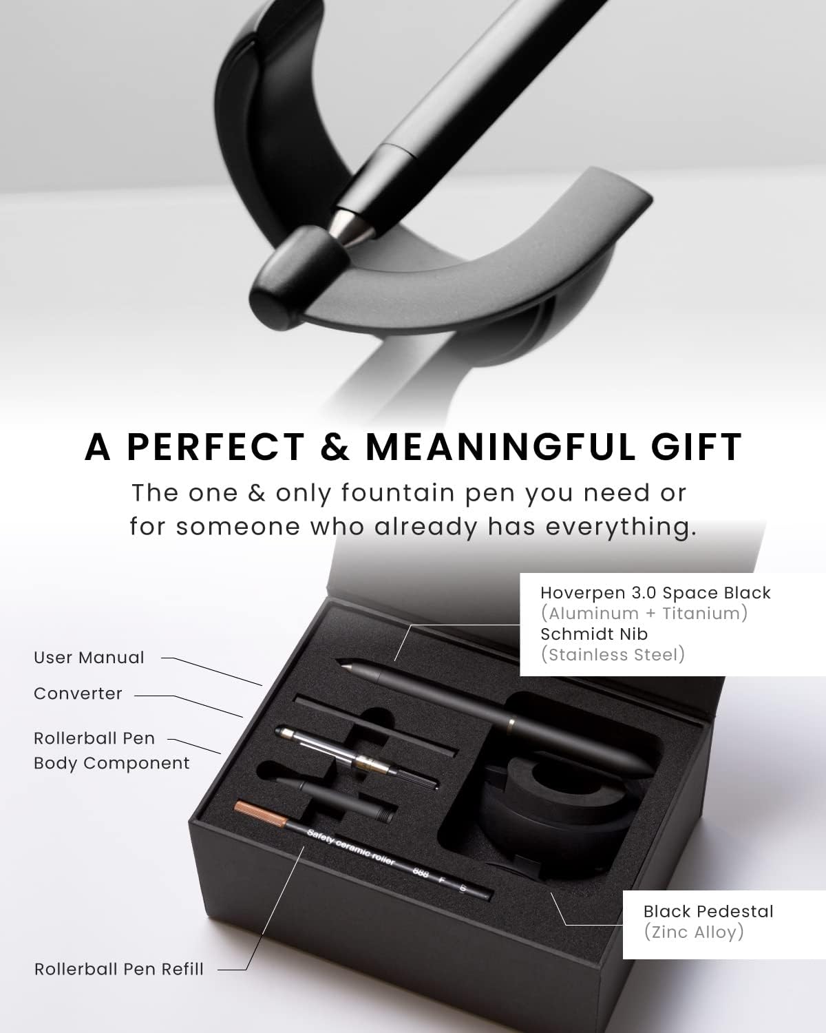 novium Hoverpen Future Edition - Luxury Fountain Pen & Rollerball Pen All-In Gift Box, Fine Nib, Futuristic Aesthetic, Aerospace Metal Made, Free Spinning Executive Pen, Gifts for Boss (Deep Black)
