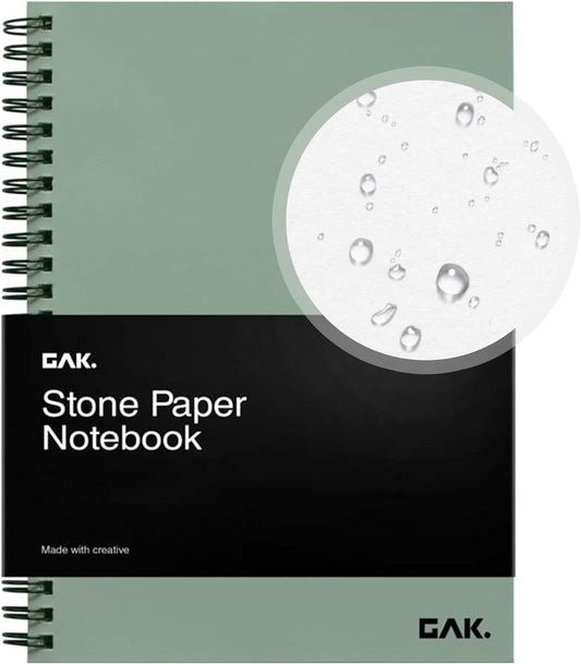 GAK. Stone Paper Notebook | No Lines Spiral Notebook Waterproof Sheet Aesthetic Journal for Note Taking | Notebooks for Work & Aesthetic School Supplies | Large Size, Green (7.2”x10.1”, 50 sheets)