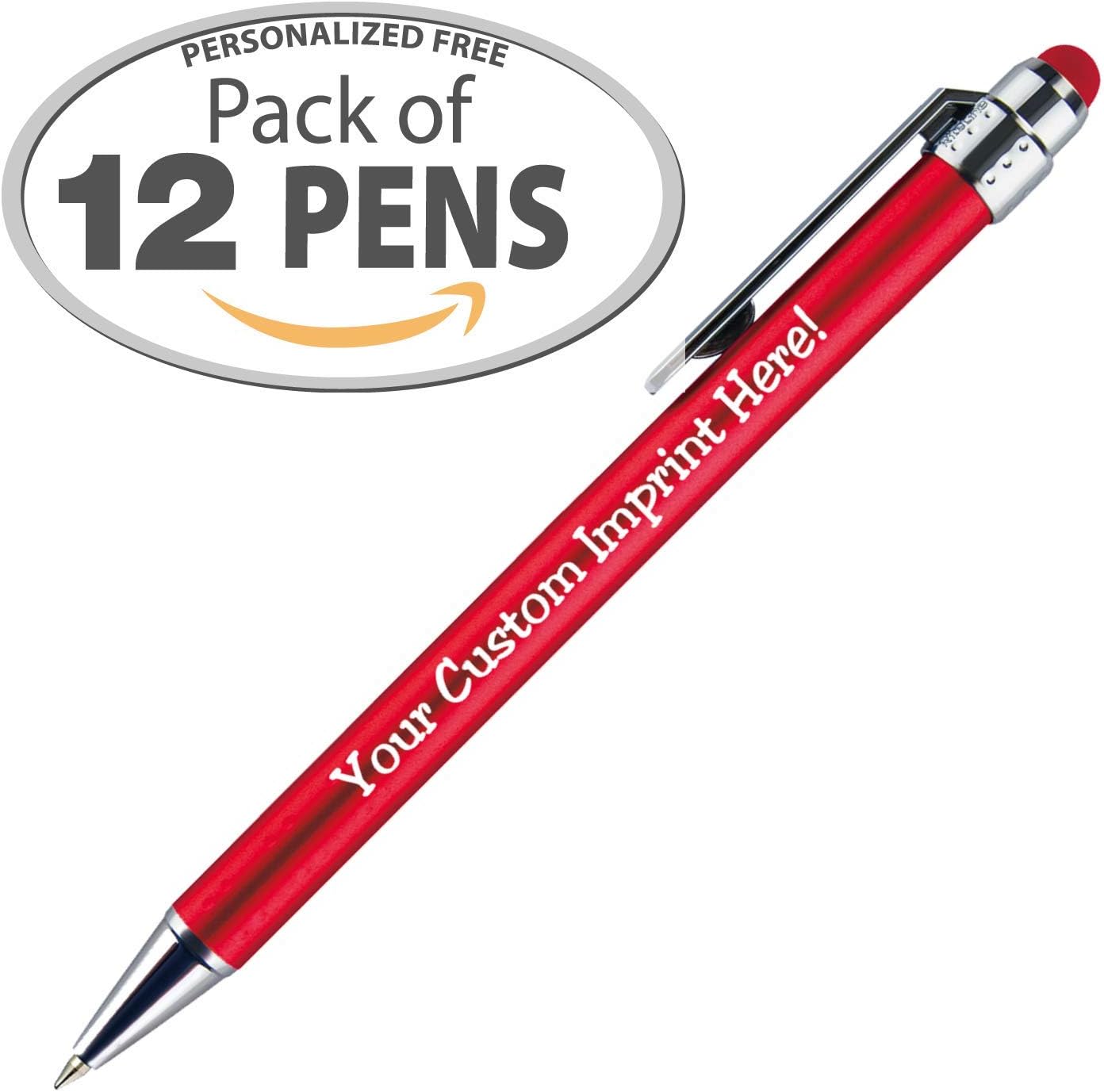 Personalized Pens with Stylus Tip -Bright Vibes- Click action - Custom - Black writing - Printed Name pens - Imprinted with Your Logo or Message - FREE PERSONALIZATION - 12 Pens/Box (Red)