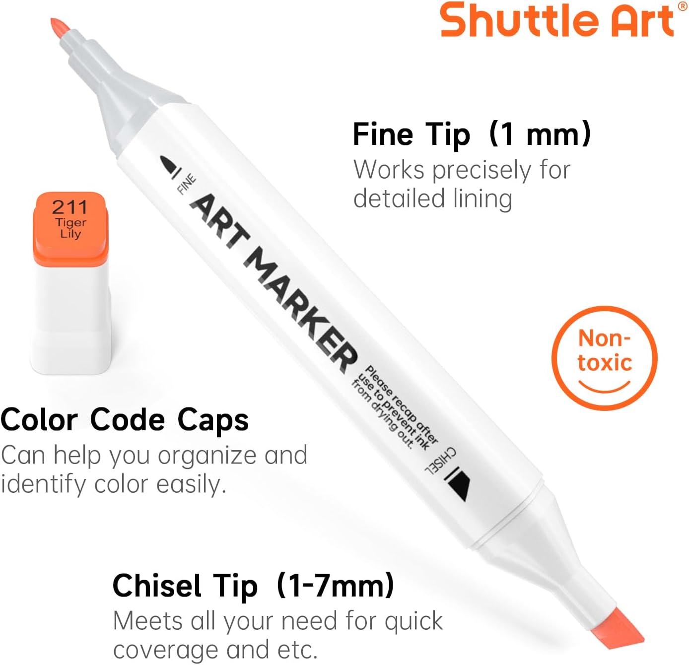 Shuttle Art 206 Colors Alcohol Markers, 204 Colors Dual Tip Art Marker Set Plus 2 Colorless Blender, Micro-tip Pens, White Highlighter Pens, Marker Bag Perfect for Students Adults Coloring