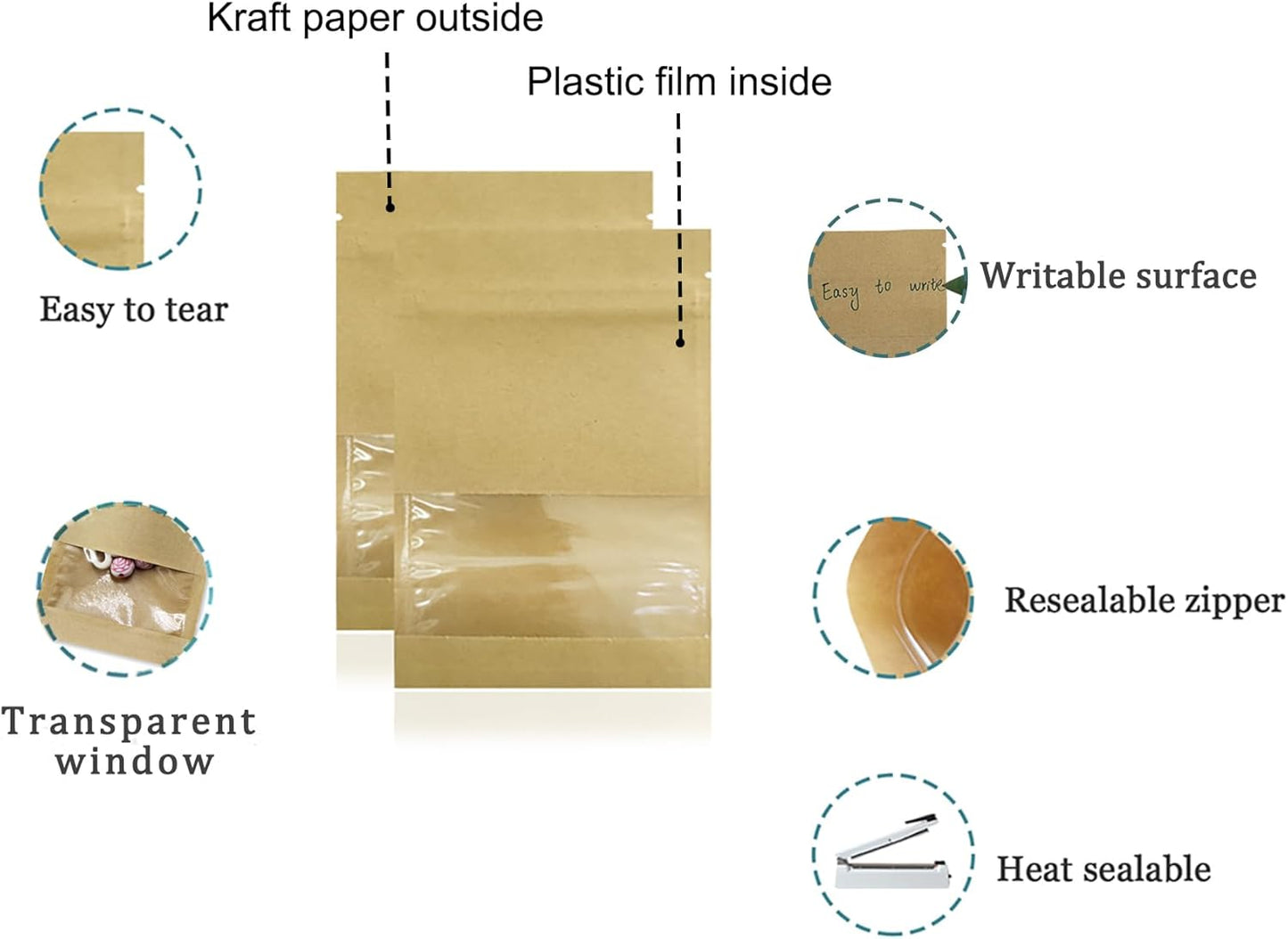 FERENLI 500 Pack 2.8x3.5 inch Small Resealable Seed Coin Envelopes Bags with Clear Window Brown Kraft Paper Heat Seal Packets for Flower Vegetable Seeds Storage Party Favor Pet Food Sample Bag