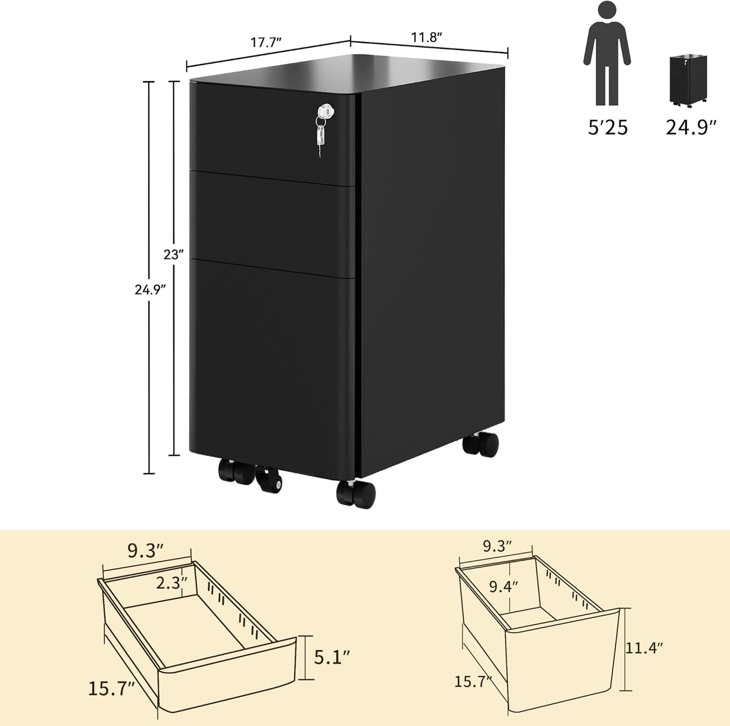 DWVO 3-Drawer Vertical File Cabinet, Mobile Filing Cabinet with Lockable, Pre-Assembled Compact Slim File Cabinet, Portable Office Storage for A4/Letter/Legal Documents (Black)