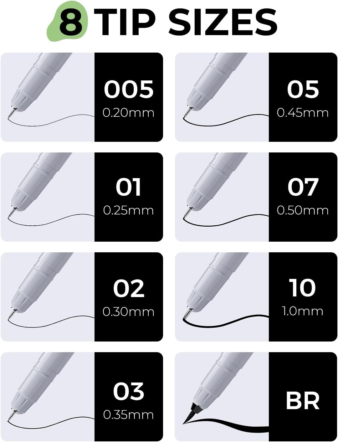 JusArt Fineliner Pens, 8 Size, Ultra Fine, Fine & Brush, Waterproof Black Pigment Ink Drawing Pens for Illustration, Sketching, Writing, Journaling, Bible Notes, Technical Drawing pens