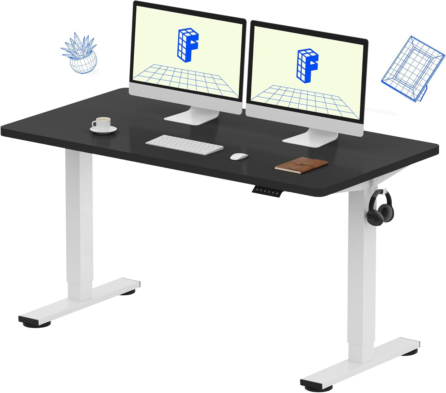 FLEXISPOT EN1 One Piece Standing Desk, 55 x 28 Inch Desktop Electric Adjustable Height Desk for Home Office and Computer Workstation (White Frame + Black Top, 2 Packages)