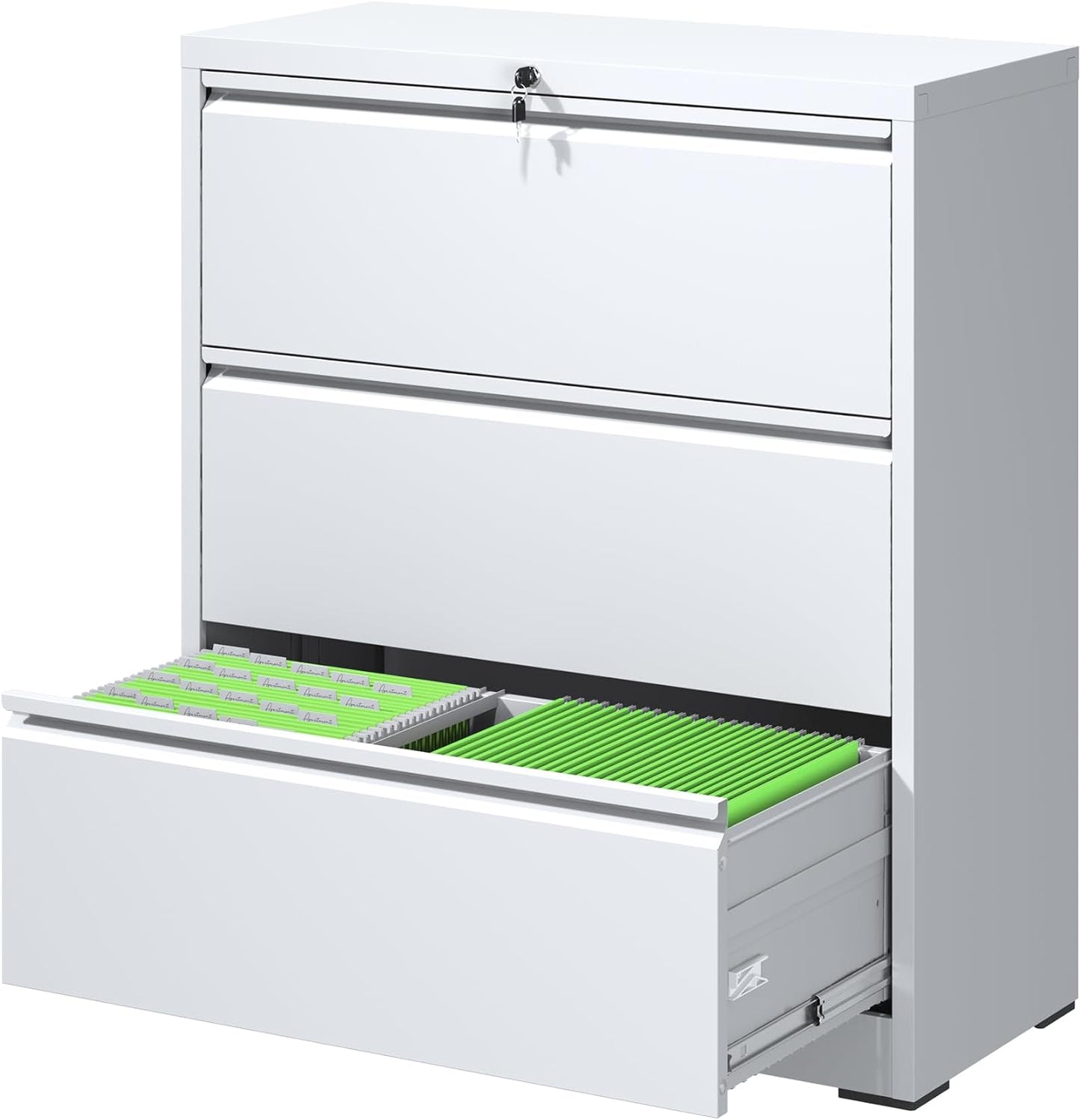 File Cabinets 3 Drawer,Metal Office Storage Filing Cabinet with Lock,White Lateral Filing Cabinet for Home Office,Horizontal Locking File Cabinets for Legal/Letter/A4,Assembly Require,White
