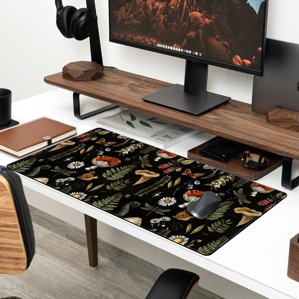 Black Mouse Pad Cottage Core Aesthetic Mouse Pads Mushroom Desk Pad Vintage Mouse Pad Forest Magic Nature Large Desk Pad Ergonomic Mouse Pads with Stitched Edges Non-Slip Computer Mat 31.5x15.7 in