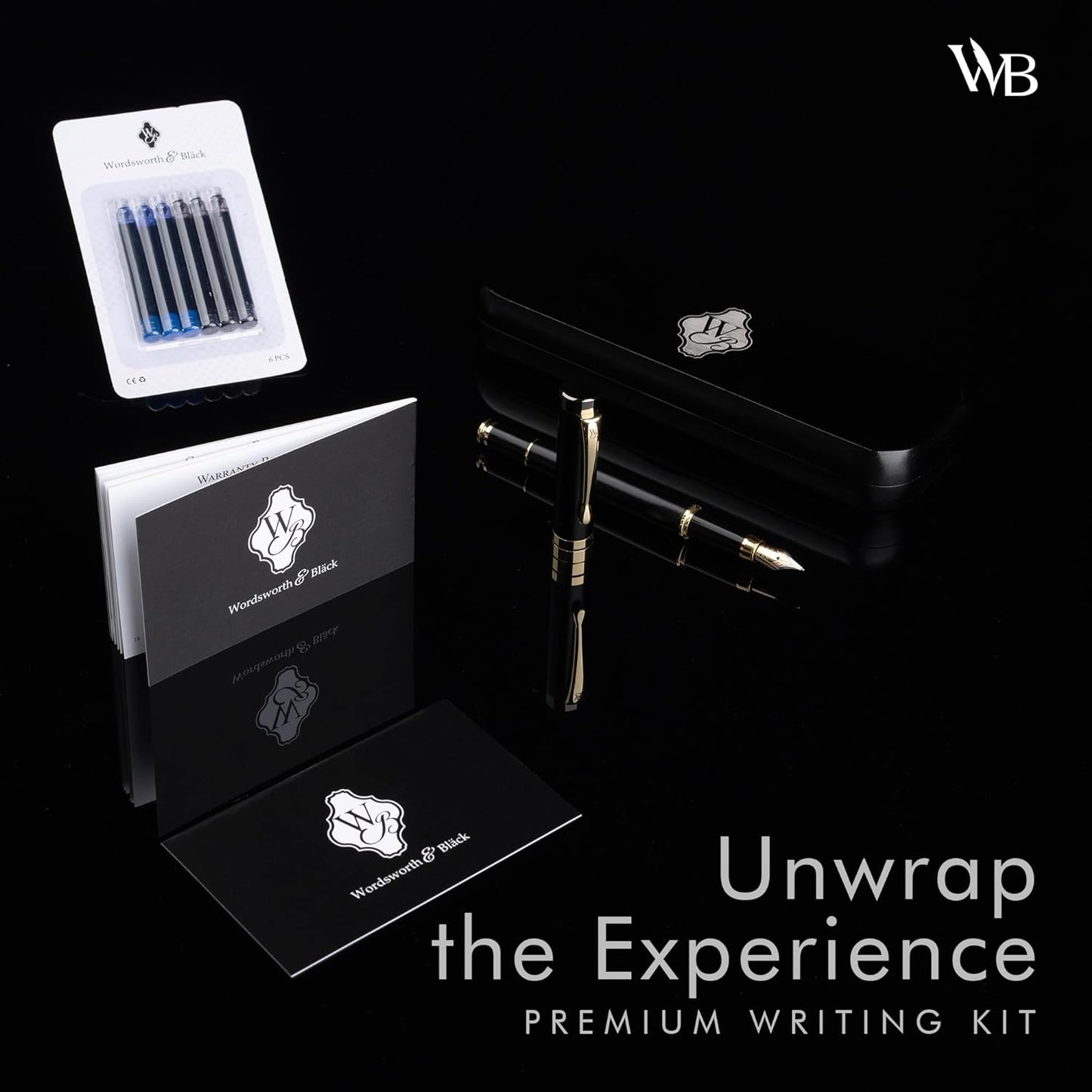 Wordsworth & Black Fountain Pen Set, Luxury Bamboo Wood - Fine Nib, Gift Case; Includes 6 Ink Cartridges, Ink Refill Converter -Journaling, Calligraphy; Drawing, Smooth Writing [Black Wood]