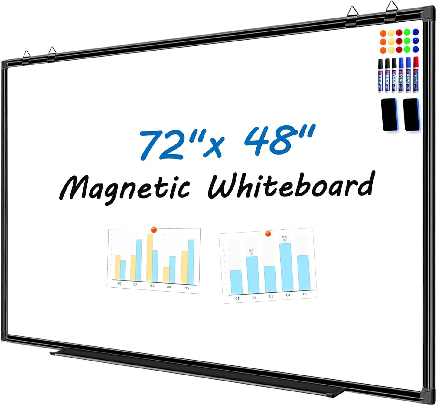 H-Qprobd 6'x4' Large Magnetic White Board Dry Erase Whiteboard with Black Aluminum Frame, 72"X48" Magnet Presentation Wall Boards for Office, Classroom, School, Home