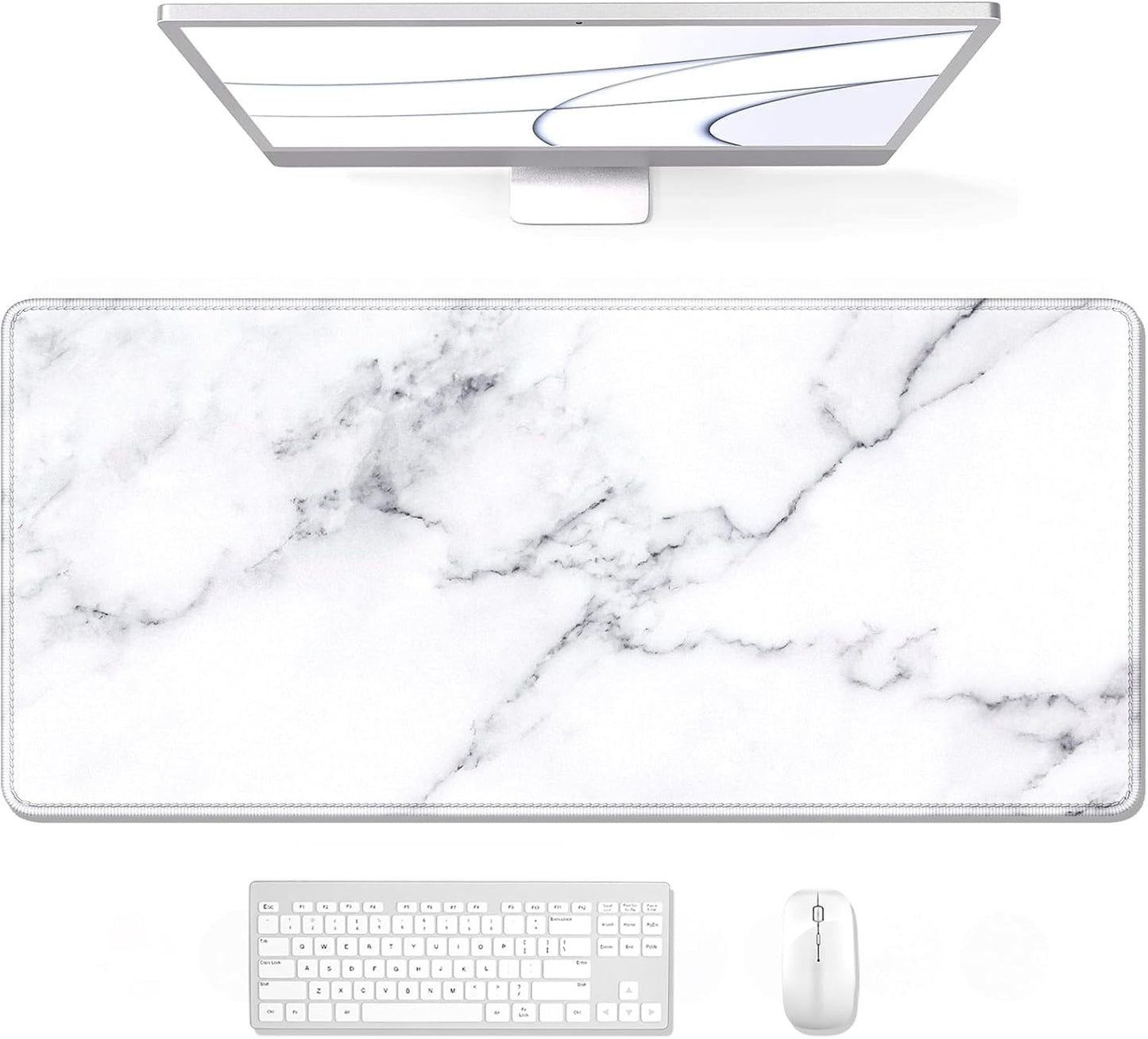 Auhoahsil Large Mouse Pad, XXL Gaming Mousepad, Desk Mat for Desktop, Thick Rubber, Big & Long Size, Stitched Edges, Full Desk Pad for Laptop & Computer, Extended 31.5 x 11.8 in, White Marble