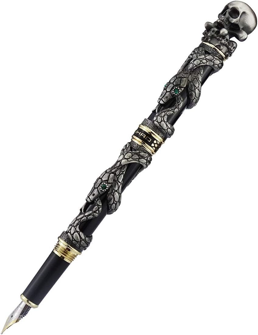 Jinhao Black Snake Fountain Pen Medium Nib Retro Style with Skull Head Solid Metal and Paper Pen Case Set