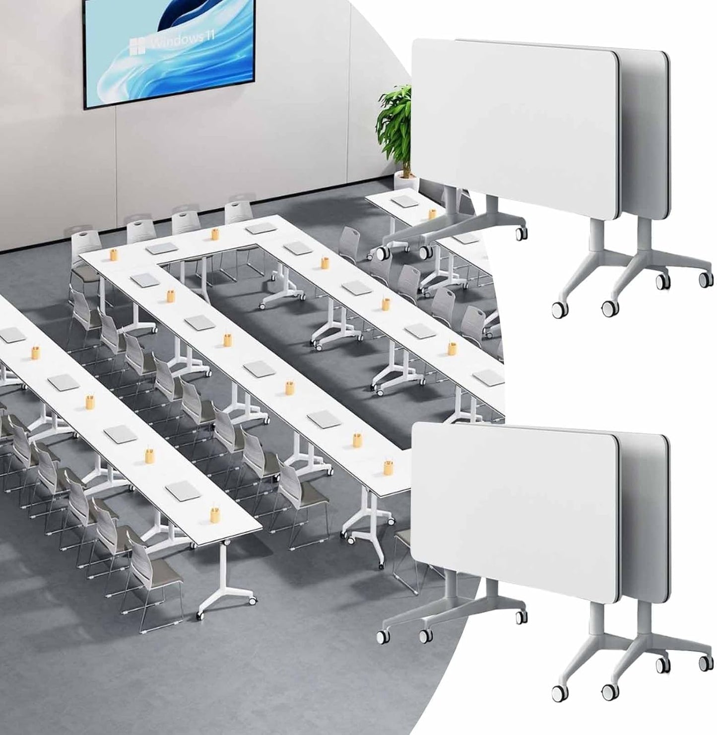 Folding Conference Room Table, Modern Mobile Training Table with Wheels, White Foldable Seminar Meeting Tables for Office Corporations(4pack 70.9in)