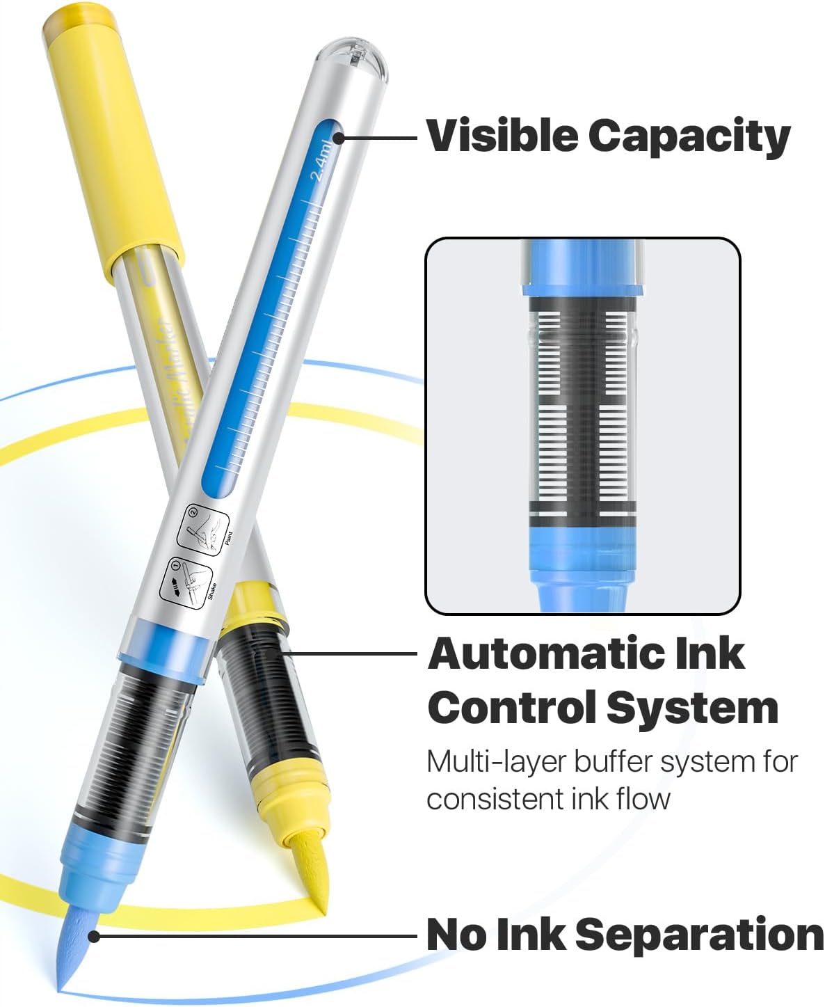 JusArt 36 Colors Acrylic Paint Markers with Canvas Bag, School Water-Based No-Bleed Paint Pens with Automatic Ink Control, Waterproof Brush Tip Markers for Rock, Egg, Wood, Fabric, Glass, DIY Crafts