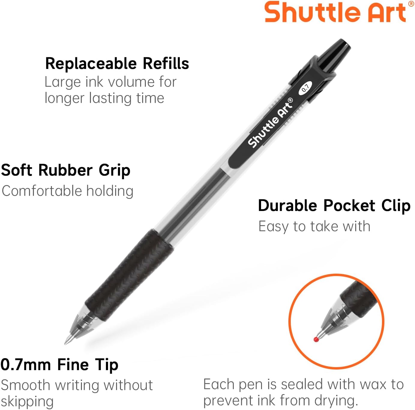 Shuttle Art Black Gel Pens, 100 Pack Retractable Medium Point Rollerball Gel Ink Pens Smooth Writing with Comfortable Grip for Office School Home Work