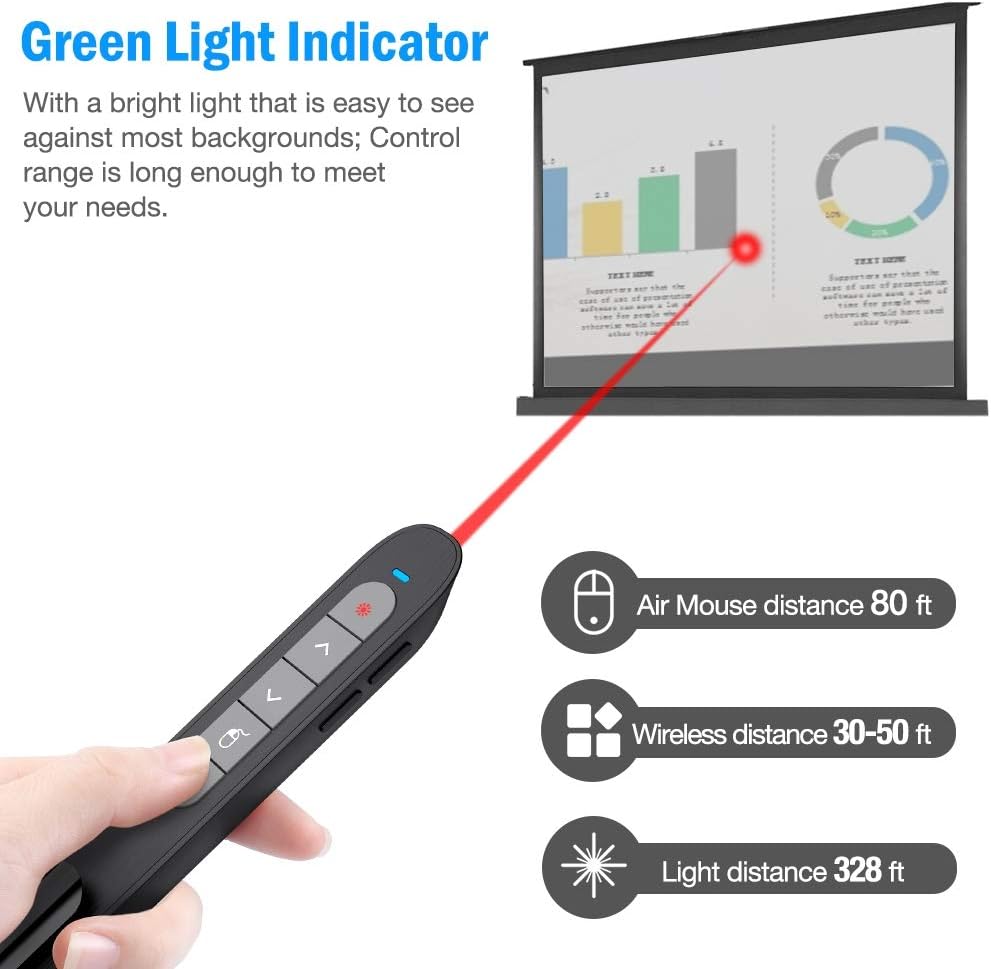 DinoFire Wireless Presenter Remote with Air Mouse, RF 2.4GZ USB Rechargeable Presentation Clicker and Pointer Powerpoint PPT Slide Clicker for Laptop/Computer/MAC