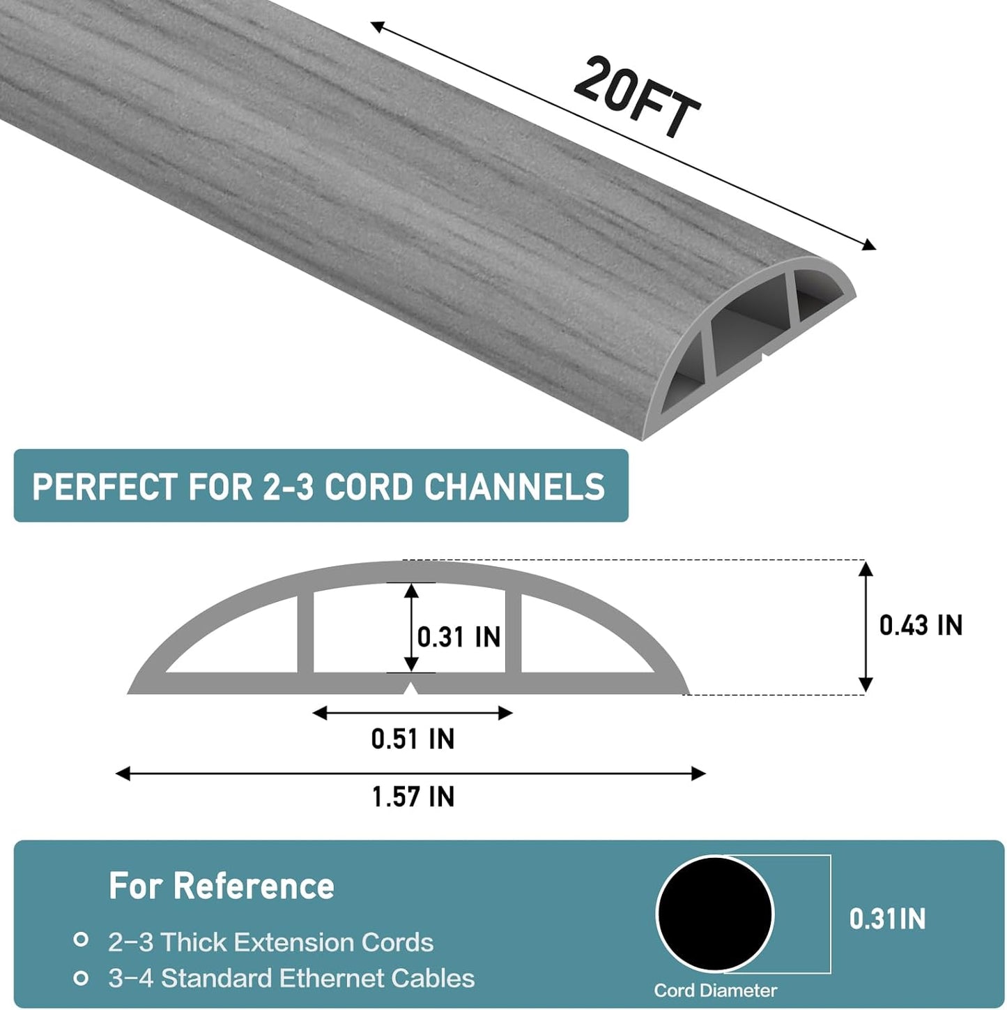Floor Cord Cover Self Adhesive Cord Hider Floor Extension Cord Covers for Floor Power Cord Protector Cable Management Prevent Cable Trips Cable Cavity 0.51" W x 0.31" H (Light Grey Wood, 20Ft)