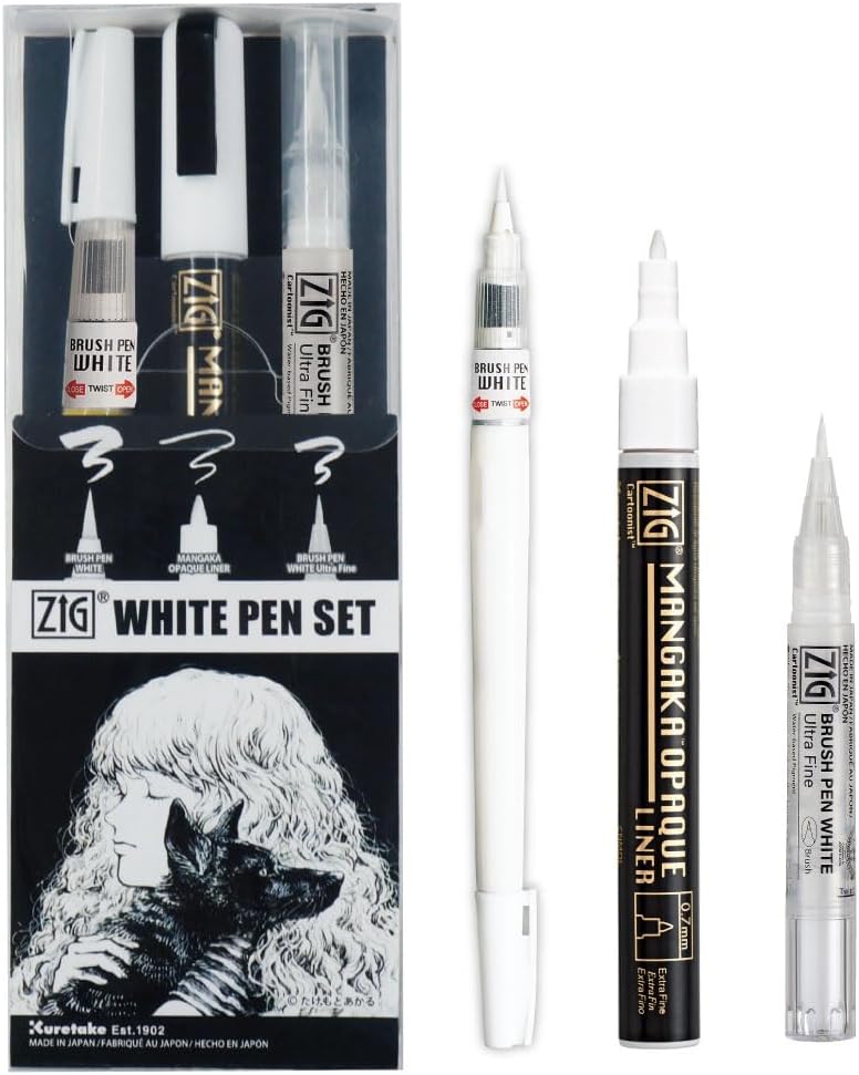 Kuretake Zig Inktober pen set, for Illustration, Manga Drawing, Lettering and Calligraphy, Professional Artist, Made in Japan (White(3pcs.))