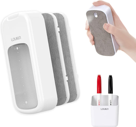 loukin Inventive All-in-One Dry Erase Eraser, Novel Replaceable Whiteboard Eraser with Built-in Cleaner, Unique Glass Board Erasers, Includes 2 Refill Pads, 1 Magnetic Holder, 2 Markers