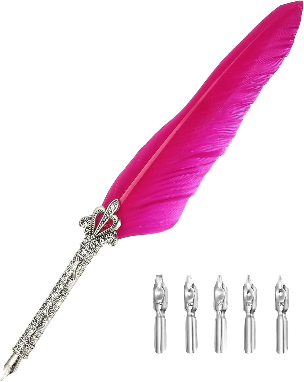 PATIKIL 26.5cm/10.4" Calligraphy Feather Quill Pen, Vintage Feather Dip Pen with 5 Replacement Nibs for Calligraphy Writing Wedding Office Gifts, Rose Red