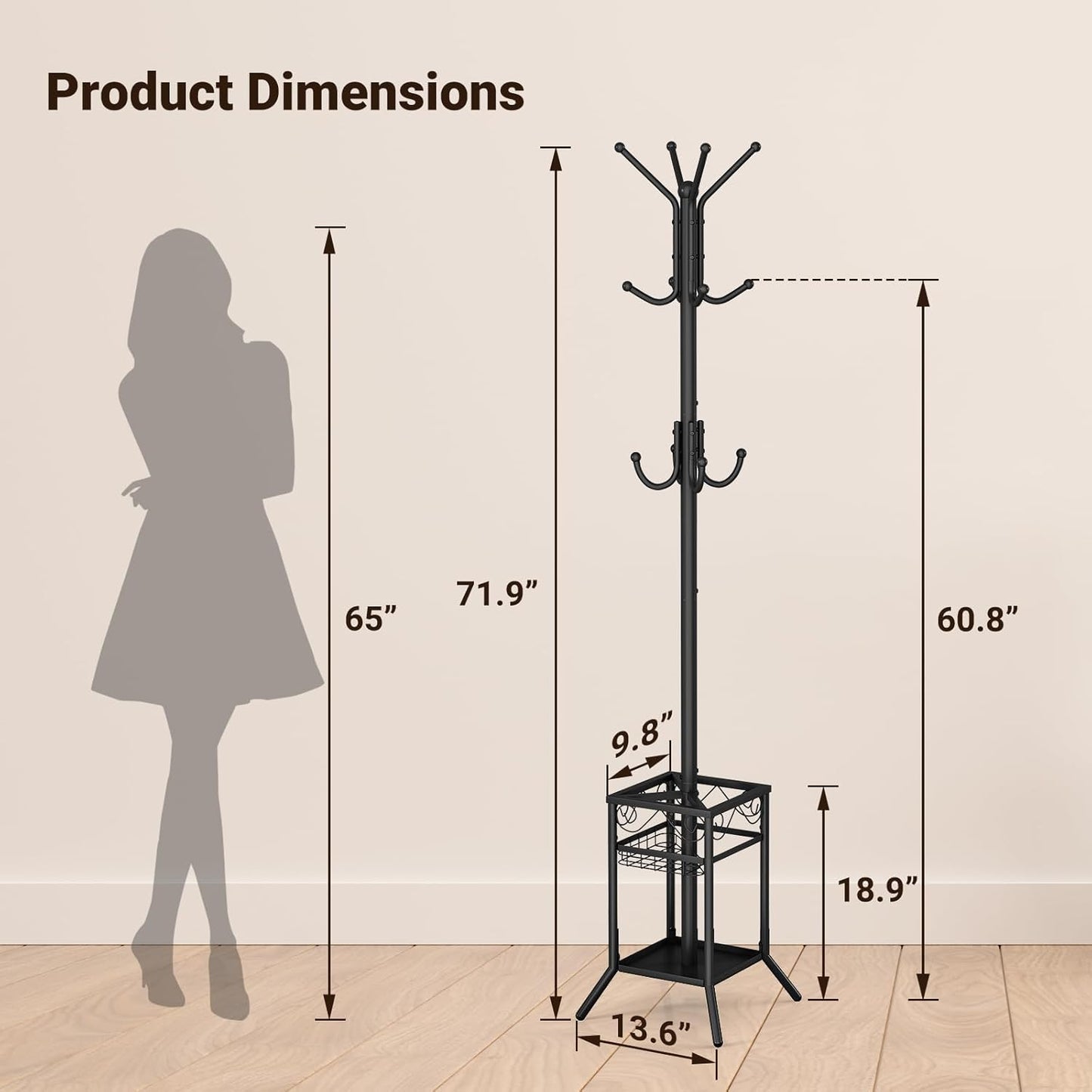 ELYKEN Coat Rack Freestanding, Metal Coat Rack Stand with Umbrella Holder, Modern Coat Tree with 12 Hooks, Floor Standing Corner Hall Tree for Entryway Living Room Bedroom Office, Black