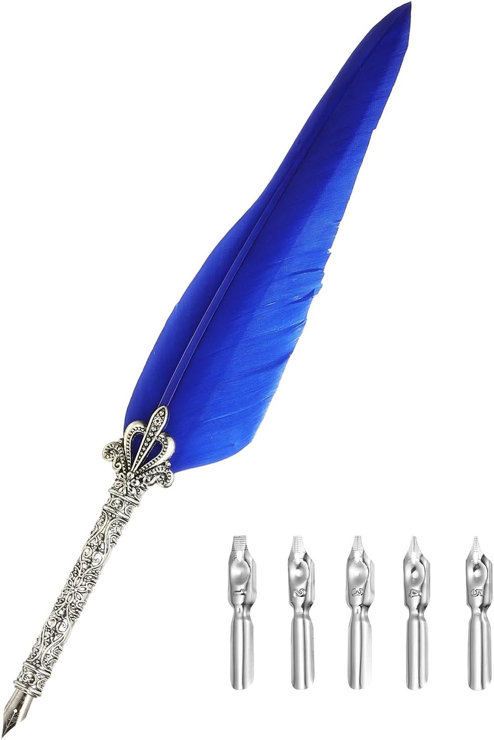 PATIKIL 26.5cm/10.4" Calligraphy Feather Quill Pen, Vintage Feather Dip Pen with 5 Replacement Nibs for Calligraphy Writing Wedding Office Gifts, Light Blue