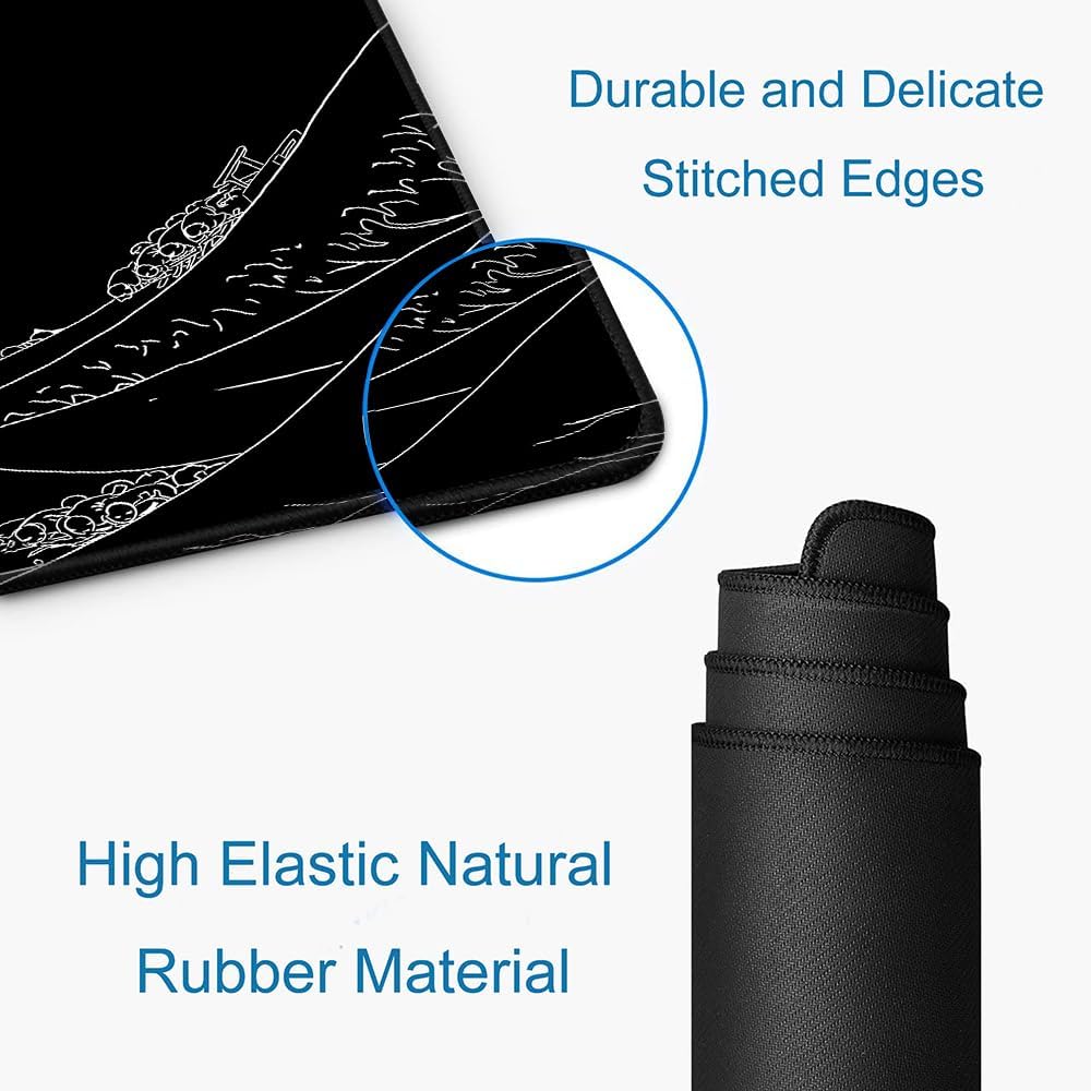 Large Mouse Pad Gaming, Extended Mousepad with Stitched Edges, Non-Slip Rubber Base Keyboard Desk Mat Mouse Pads for Work, Game, Office, Home, 31.5 x 11.8 in, Black Wave of Kanagawa