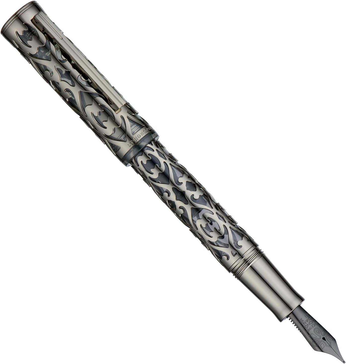 Hongdian D1 Piston Fountain Pen Extra Fine Soft Nib, Jet Black Hollow Skeleton & Resin Pen with Metal Case Set