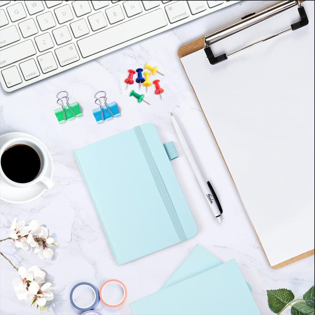 feela 6 Pack Pocket Small Notebooks Bulk, Mini Cute Memo Notepads Hardcover College Ruled Lined Journals with Pen Holder for Women Girls Office School, with 6 Black Pens, 3.5”x 5.5”, A6, Sky Blue