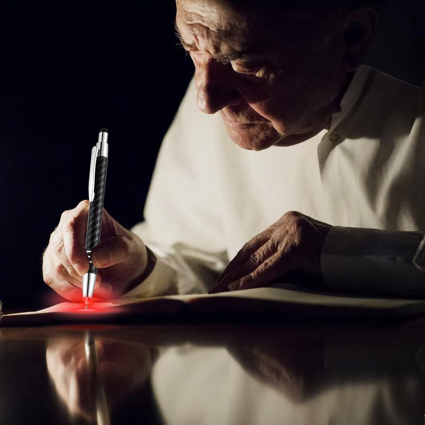 Lighted Tip Pen with Stylus 3-in-1 - LED Penlight Light Up Pen Light Ballpoint Pen with Light for Writing in the Dark - Pack of 3 - Red Light - GL006