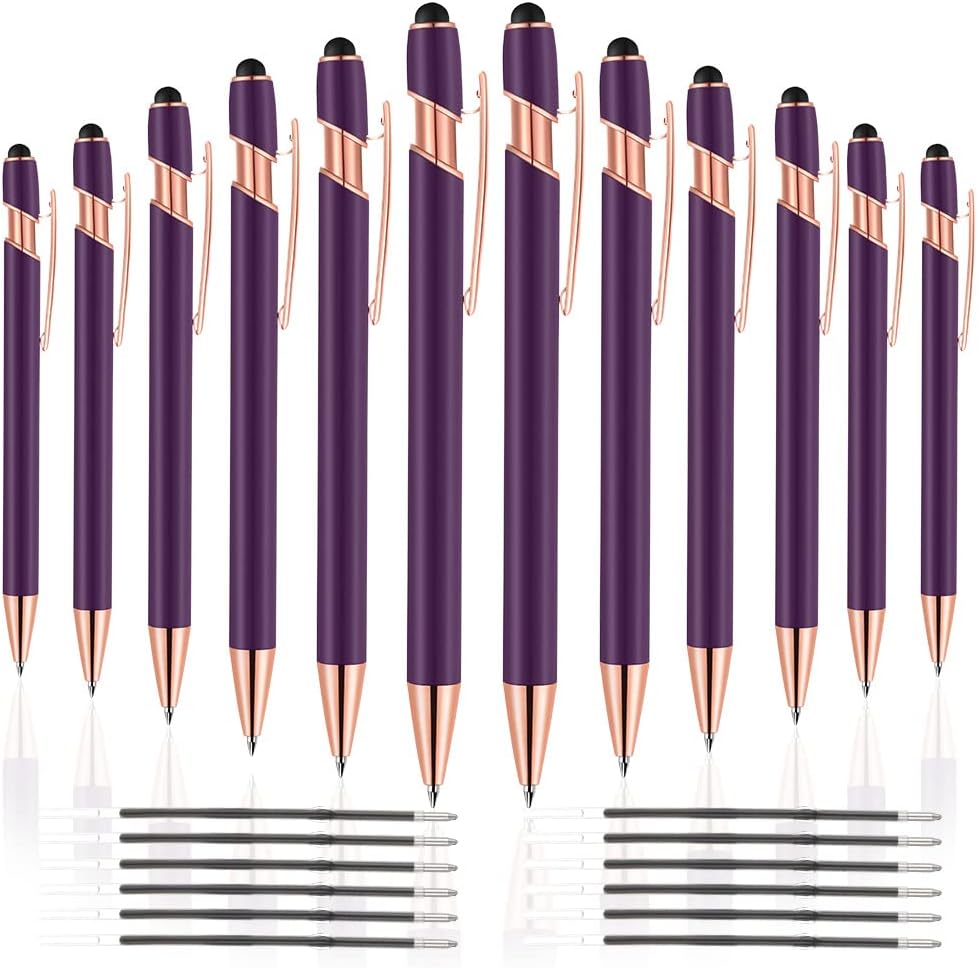 12 PCS 2 in 1 Stylus Ballpoint Pen with Stylus Tip, 1.0 mm Black Ink Metal Pen Stylus Pen for Touch Screens (Rose Gold & Purple)