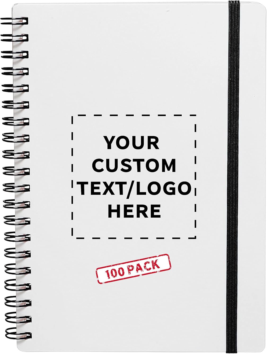 100 White Spiral Notebooks with Elastic Band Pack - Customizable Text, Logo - 80 lined pages, Recycled - Black