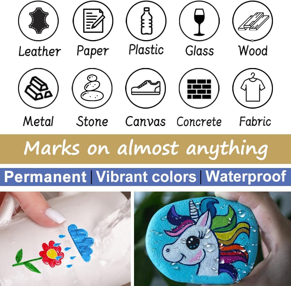 Overseas White Paint Pens Permanent Markers 24 Pcs, Oil Based Paint Markers Set, Quick Drying, Waterproof, Medium Tip Marker Pens for Metal, Rock, Wood, Plastic, Canvas, Glass, Stone, Rubber, Paper