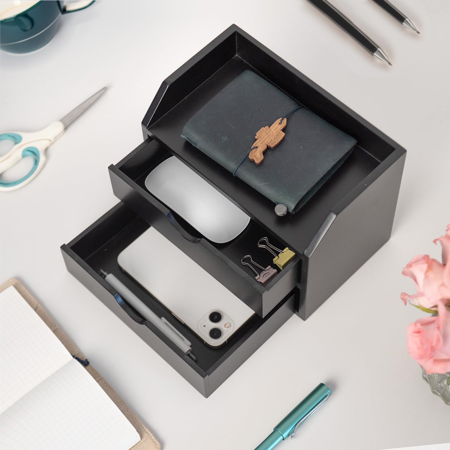 ROSE BLOOM Black Wood Desk Organizer with 2 Drawer, Mini Cute Cabinet with Storage Shelf for Tabletop, Small Desktop Box Organizer for Cosmetic Office Supplies