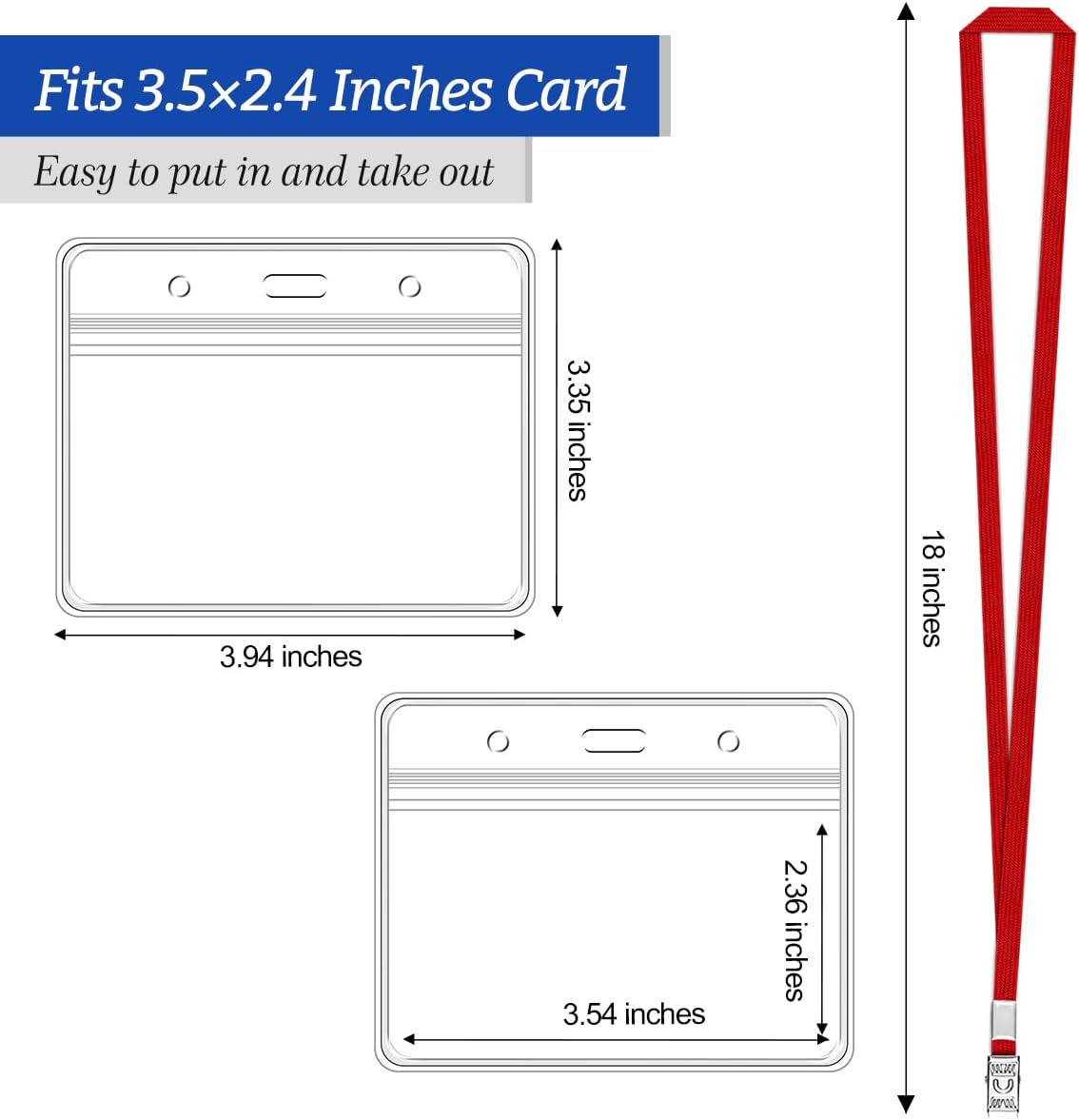 100 Pcs Clear Horizontal Badge Id Card and 100 Pcs Lanyard, Reusable Lanyards for Id Badge Holder Name Tag Badge Holder with Lanyards for Adults Kids Business School Conferences (Red)