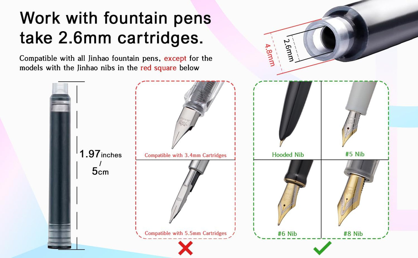 Jinhao Fountain Pen Blue Ink Cartridge International Standard 2.6mm Bore Diameter Ink Refill Set of 30 PCS