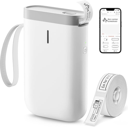 DEEPIN Label Maker Machine Portable Bluetooth Label Maker with Tape, Thermal Label Printer Multiple Templates for Phone, Mini Label Sticker Printer for Business Office Organization (White)