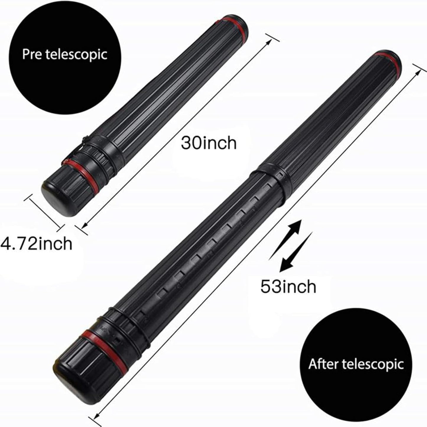 DEWEL 2Pcs Telescoping Plastic Art Tube for Poster/Art/Document/Fishing Rod, Extends from 30" to 53", Waterproof and Light Resistant, with Carrying Strap(Black XL Size)
