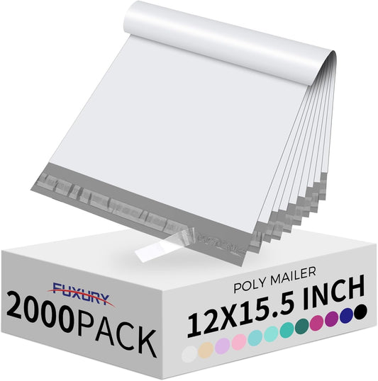 Fuxury 2000 Pcs 12x15.5" Poly Mailers,Waterproof Mailing Envelopes for Clothing, Strong Adhesive Poly Shipping Postage Bags for Small Business(White)