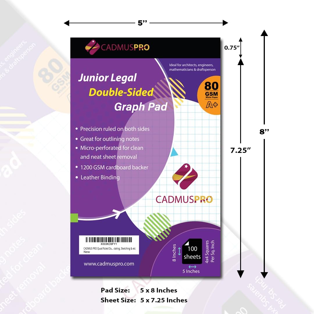 Graph Paper Pad 5x8 Inches, 1/4 Inch Quad Ruled 4x4 Grid, 80 GSM Thick Writing Pad, 50 Sheets Graph Notebook for Math, Engineering, Drafting, Architecture, Sketching, School & Office Supplies