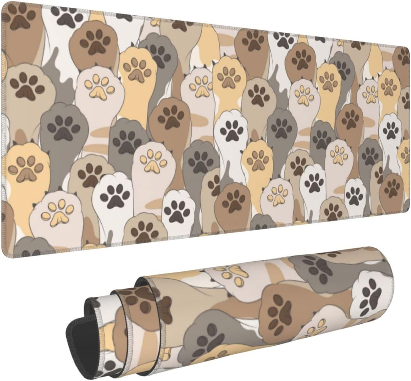 Kawaii Cute Cats Footprint Extended Gaming Mouse Pad Large Desk Mat with Non-Slip Rubber Base and Stitched Edges,Keyboard Mouse Mat Desk Pad for Work,Game,Office,Home 35.4 * 15.7 Inch