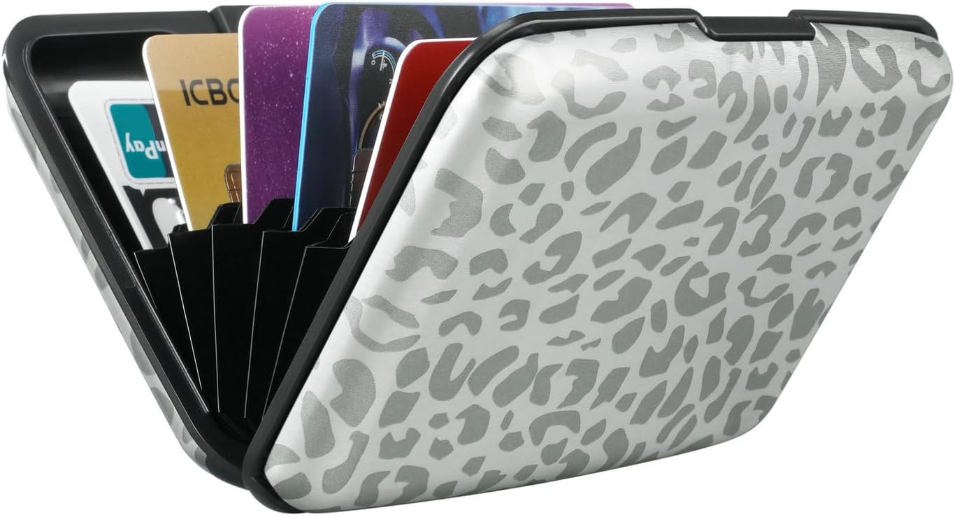ELFISH Mini RFID Aluminum Wallet Credit Cards Holder Business Card Case Metal ID Case for Men Women(Grey Leopard Print)