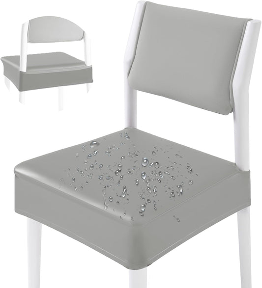 CWK Waterproof PU Leather Dining Chair Covers Set of 4-Stretchable Chair Seat Slipcovers, Removable & Washable Protector for Dining Room,Home,Office,Wedding,Rear Covers (PU-Silver)