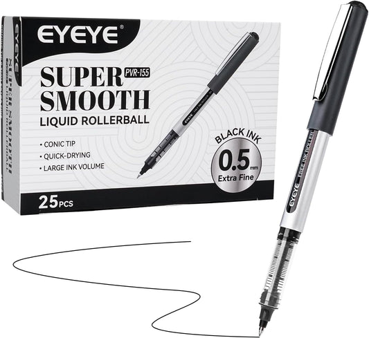 EYEYE 0.5mm Black Rollerball Pens 25 Pack, Extra Fine Point Roller Ball Pen Quick Dry, Liquid Ink Pens Fine Point Smooth Writing Pen for Journaling, Note Taking, Office, School Supplies