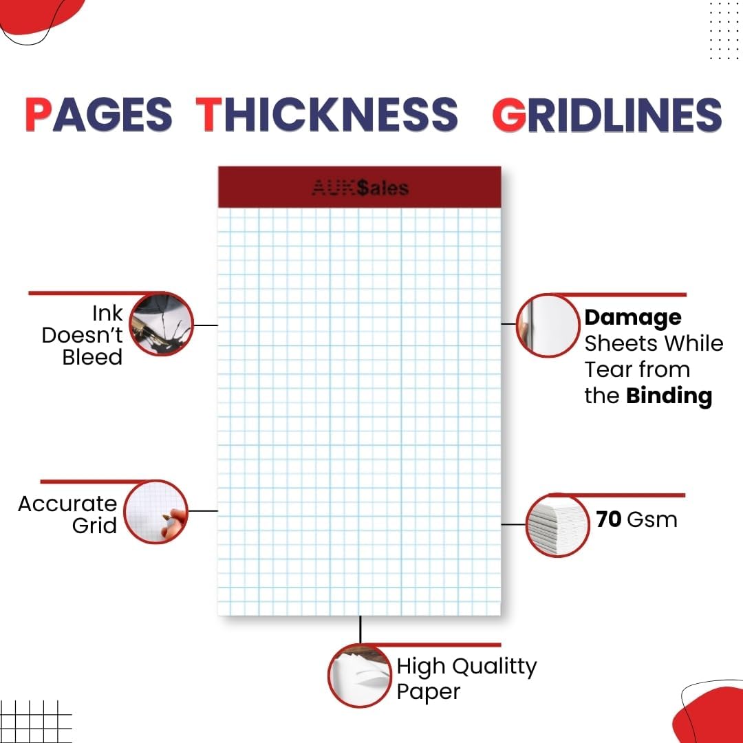 Grid Paper Pad 5x8 Inches, Graph Paper Pad 4x4, Grid Notepad, 1 Pack, 5x8 Graph Paper 1/4 Grid, Graphing Paper, Engineering Pad, 100 Sheets 200 Pages Perforated Pad for School, Home, & Office