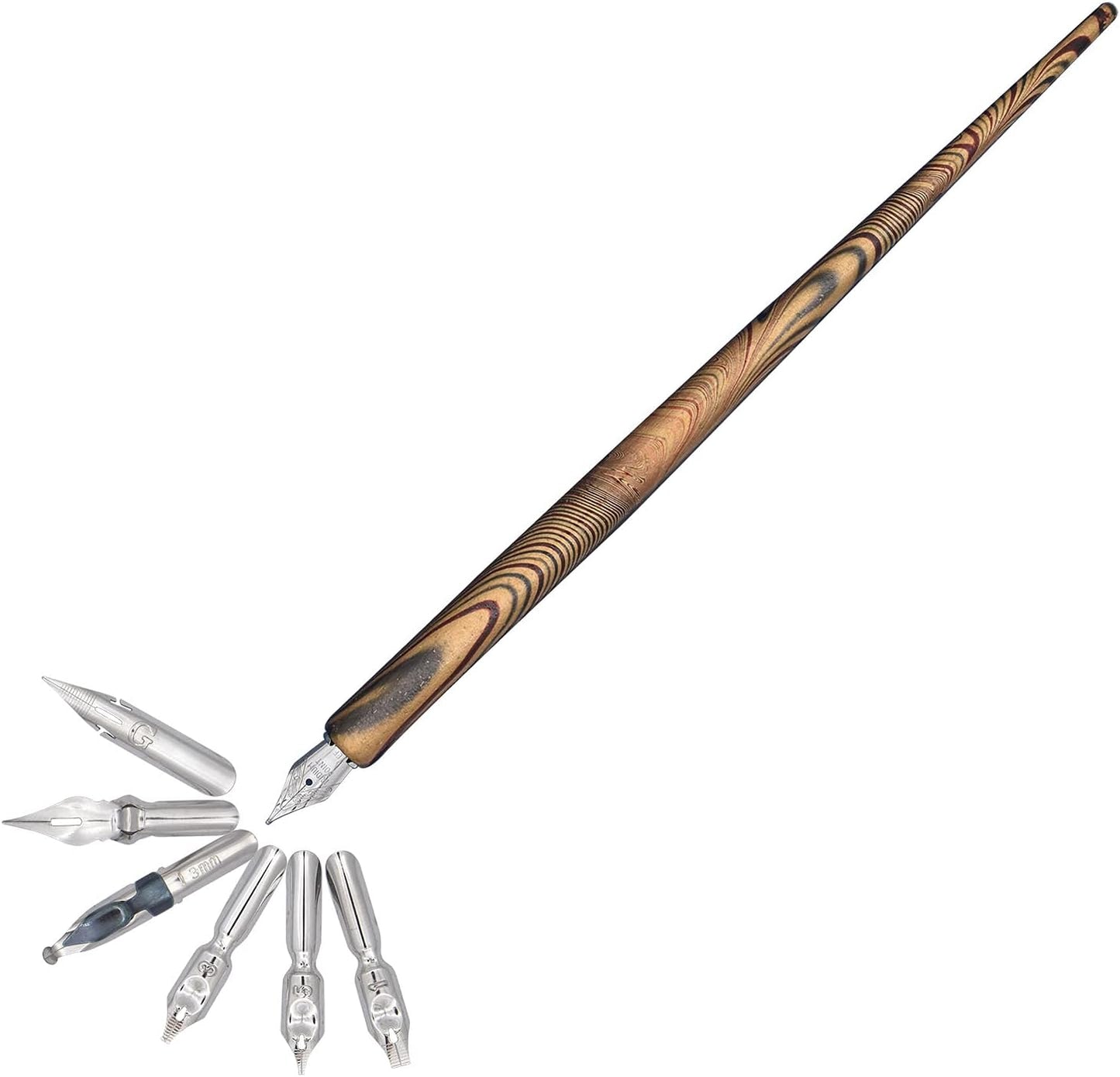 Gullor Wooden Dip Pen Calligraphy Set with Black Ink & 6 Nibs for Beginners, Kids, Writing, Signatures and Drawing, Gold