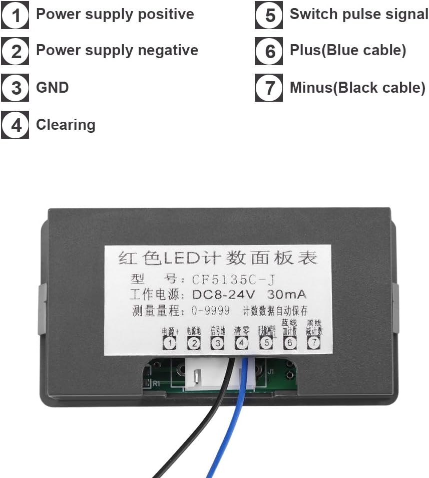 DC 8-24V Digit Counter, 4 Digit LED Digital Display 0-9999 Up/Down Plus/Minus Panel Counter Meter with Cable (Red)