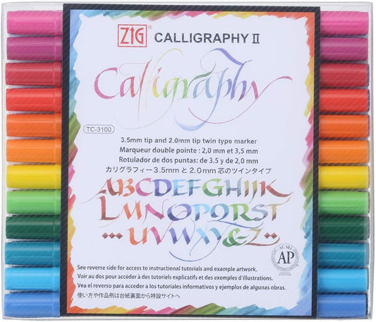 Kuretake ZIG Calligraphy Marker Pens, 24 Colors set, 2mm & 3.5mm Dual Tip Markers, for Writing & Hand Lettering, for Professional, Beginner, Water-based dye ink, Made in Japan