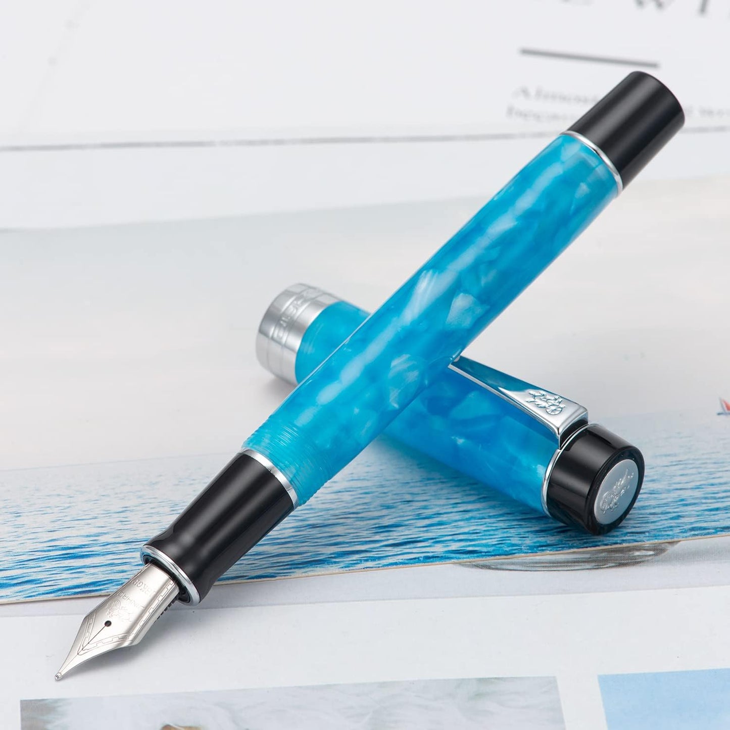 Jinhao 100 Fountain Pen Celluloid Classic Style, #6 Nib Smooth Writing Instrument with Refillable Converter and Pen Case Set