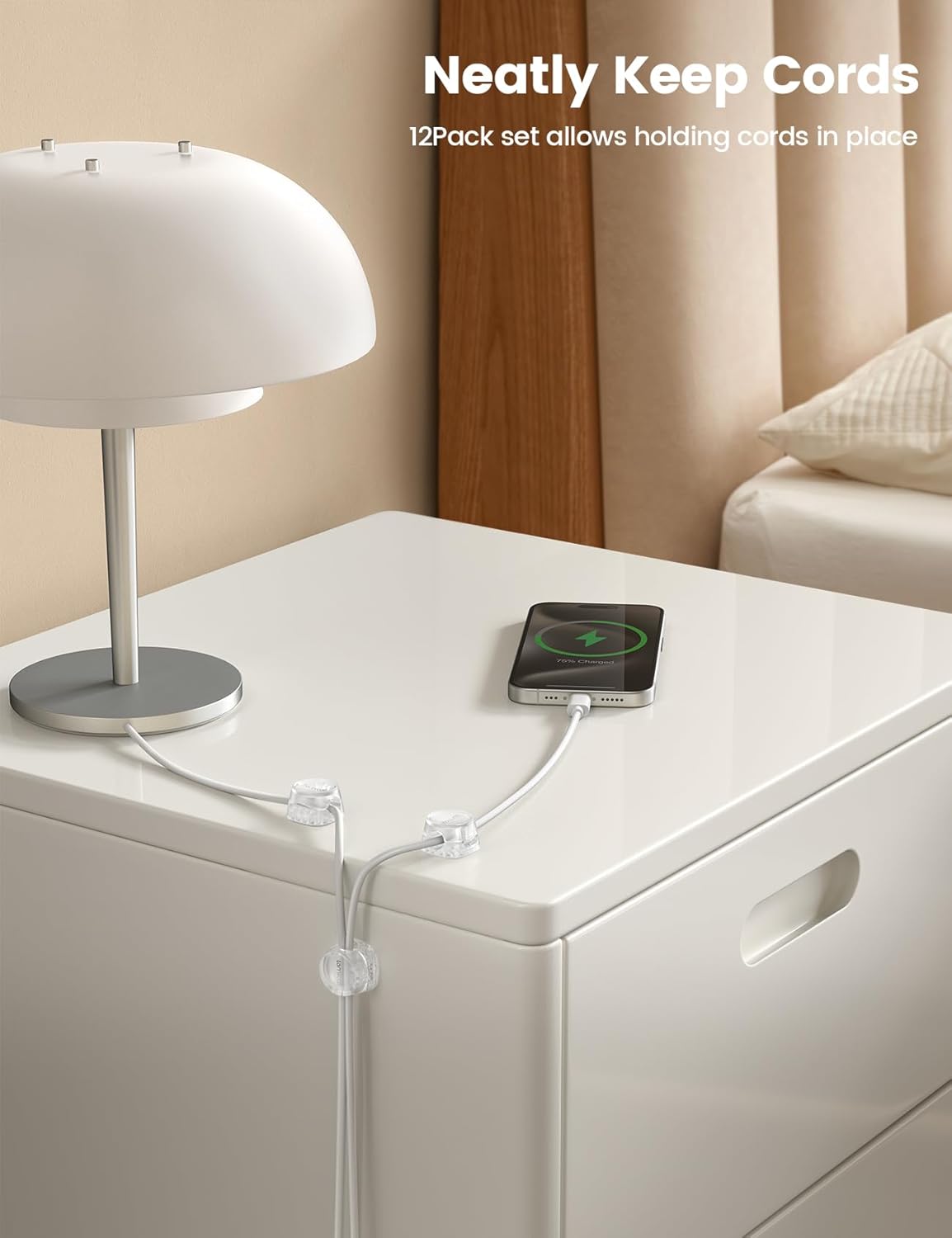 12Pack Cord Organizer [1s Lock] Spring Cable Holder Clips - Lamicall Desk Cord Management Clips, [Smooth Adjustable] Phone Charger Cable, Adhesive Wire Keeper for Nightstand Wall Car Office