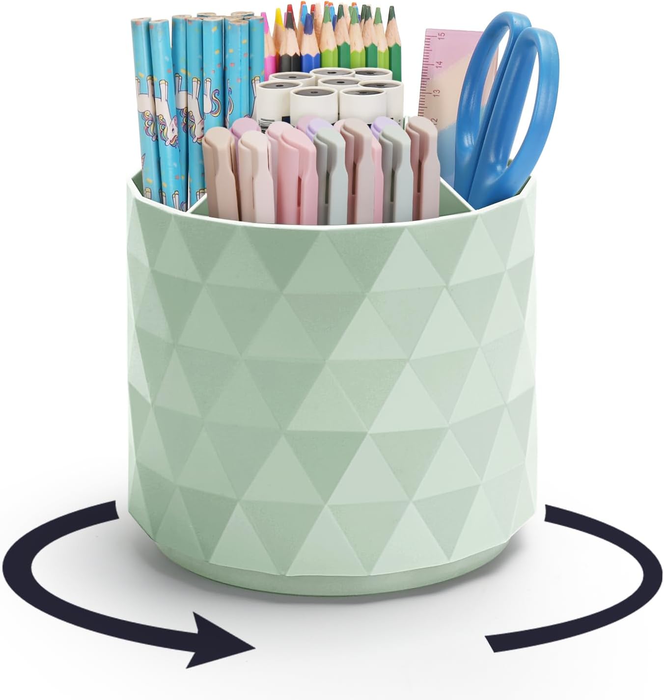 Desk Organizer,Sparkling Diamond-like Pen Holder for Desk 360°Rotating Office Accessories,Pencil Cup with 5 Compartments Storage Box Caddy for Office,School,Home,Art Supply(Green)