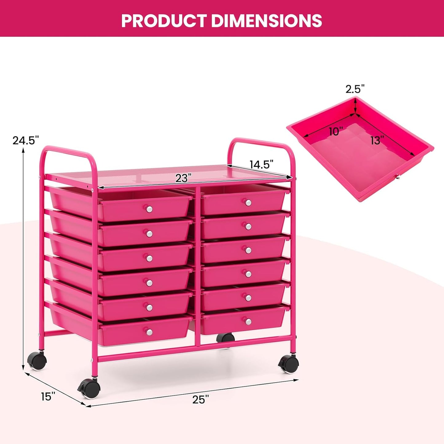 Giantex 12 Drawers Rolling Cart, Mobile Storage Drawer Cart, Classroom Organizer Cart for Office School Supplies Tools Scrapbook Paper Craft Small Printer, Utility Cart on Wheels, Hot Pink